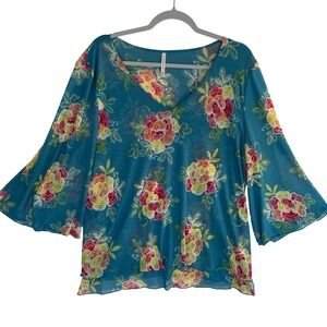 Passport Teal Floral V-Neck Bell Sleeve Blouse